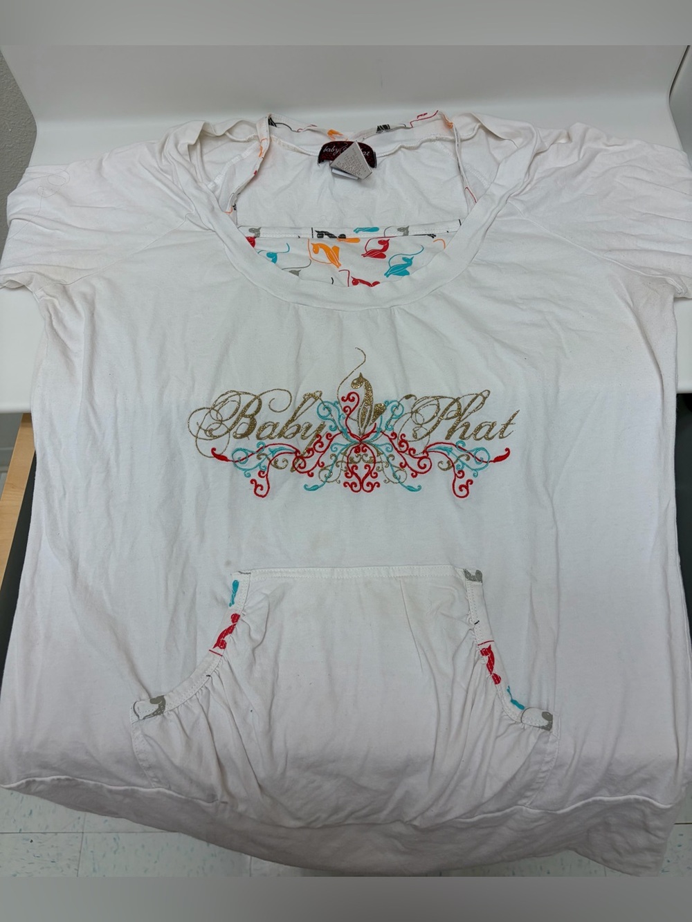Vintage Y2K Baby Phat White Scoop Neck Tee with Multicolor Embroidered Logo